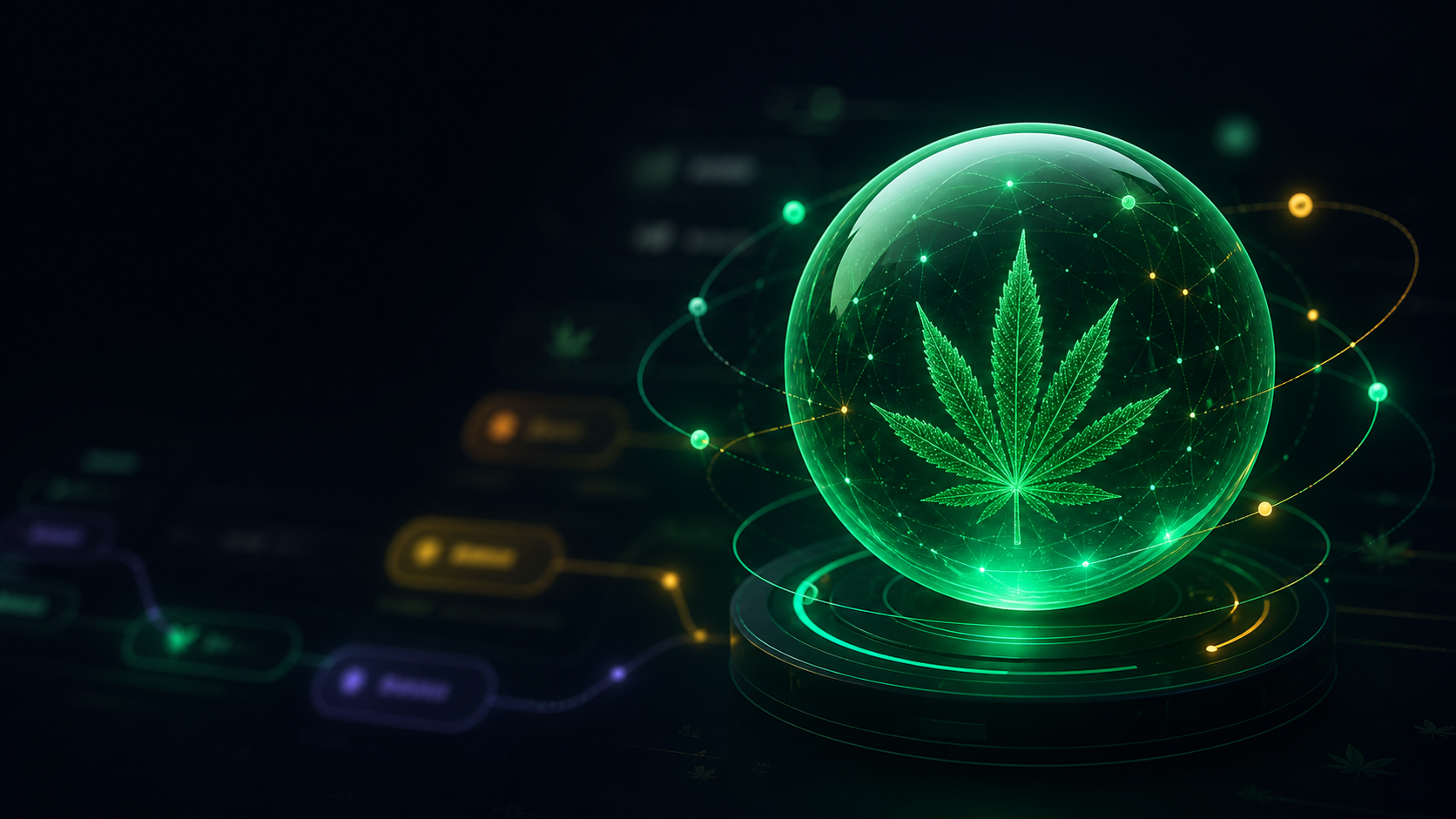 A glowing cannabis leaf inside a crystal orb connected to an AI knowledge network