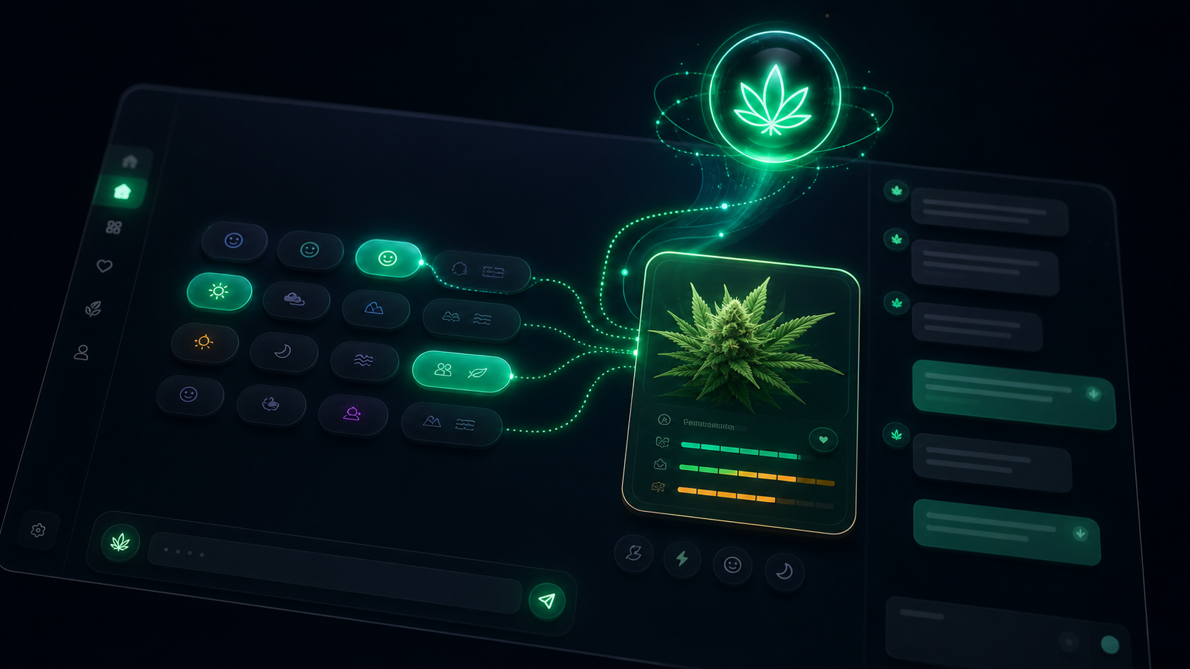 Alfy's chip-based vibe selector connecting emotional preferences to AI-powered strain recommendations