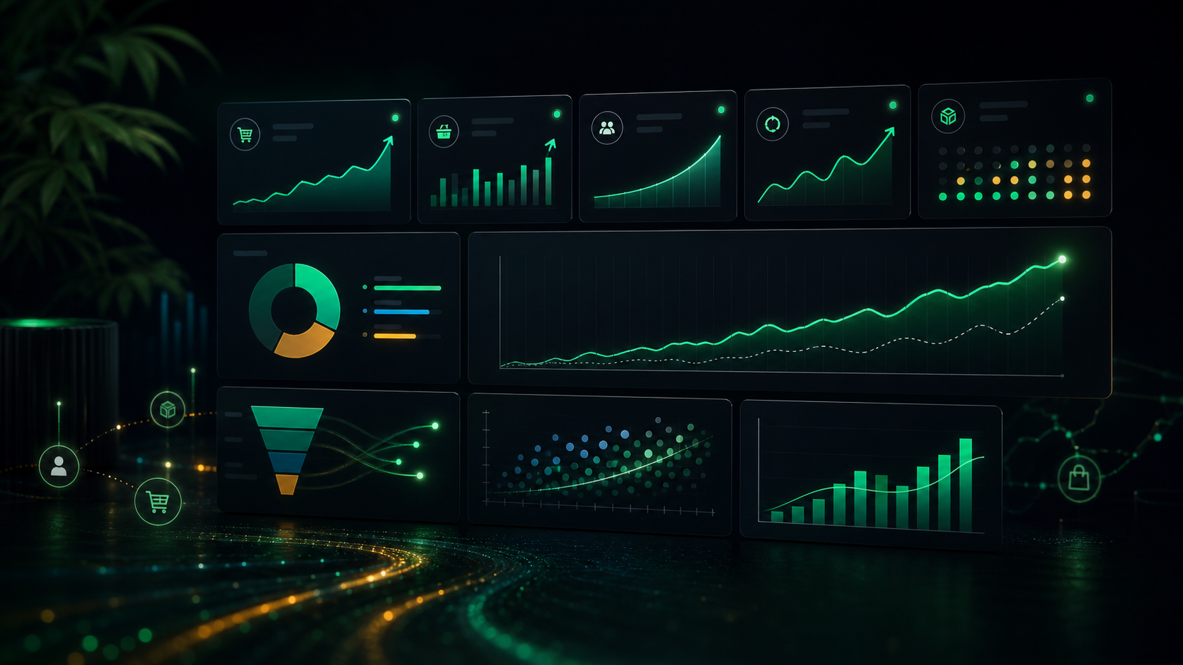 A business outcomes dashboard showing improvements in conversion rate, average order value, and customer lifetime value after deploying Alfy