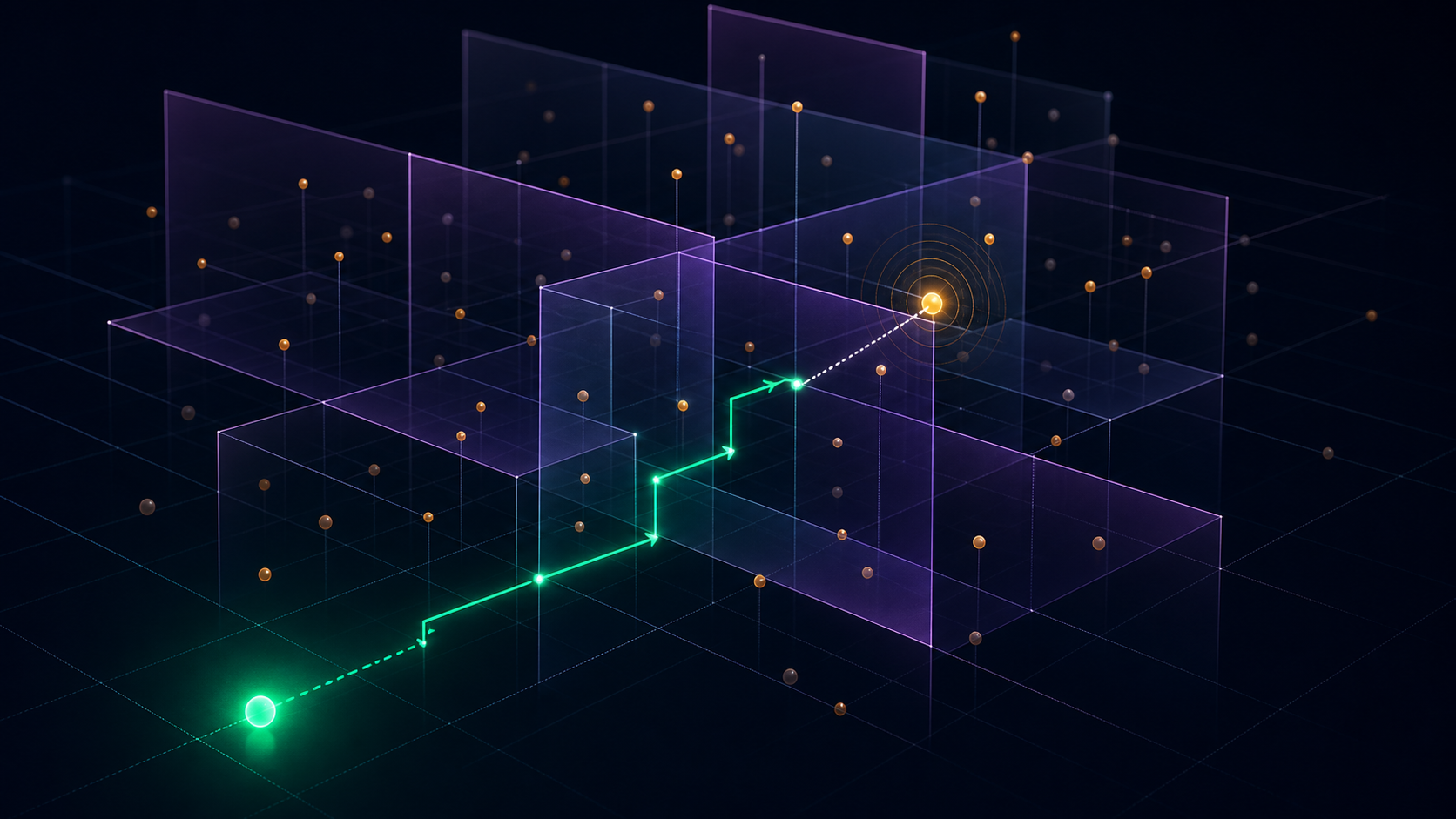 kD-Tree partitioned space with a glowing green search path navigating to the nearest data point