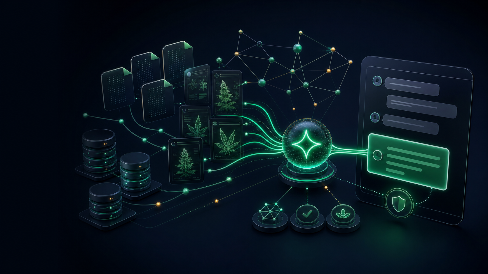 Alfy's AI knowledge system connecting strain data, order catalogue, and a chat interface on a dispensary website