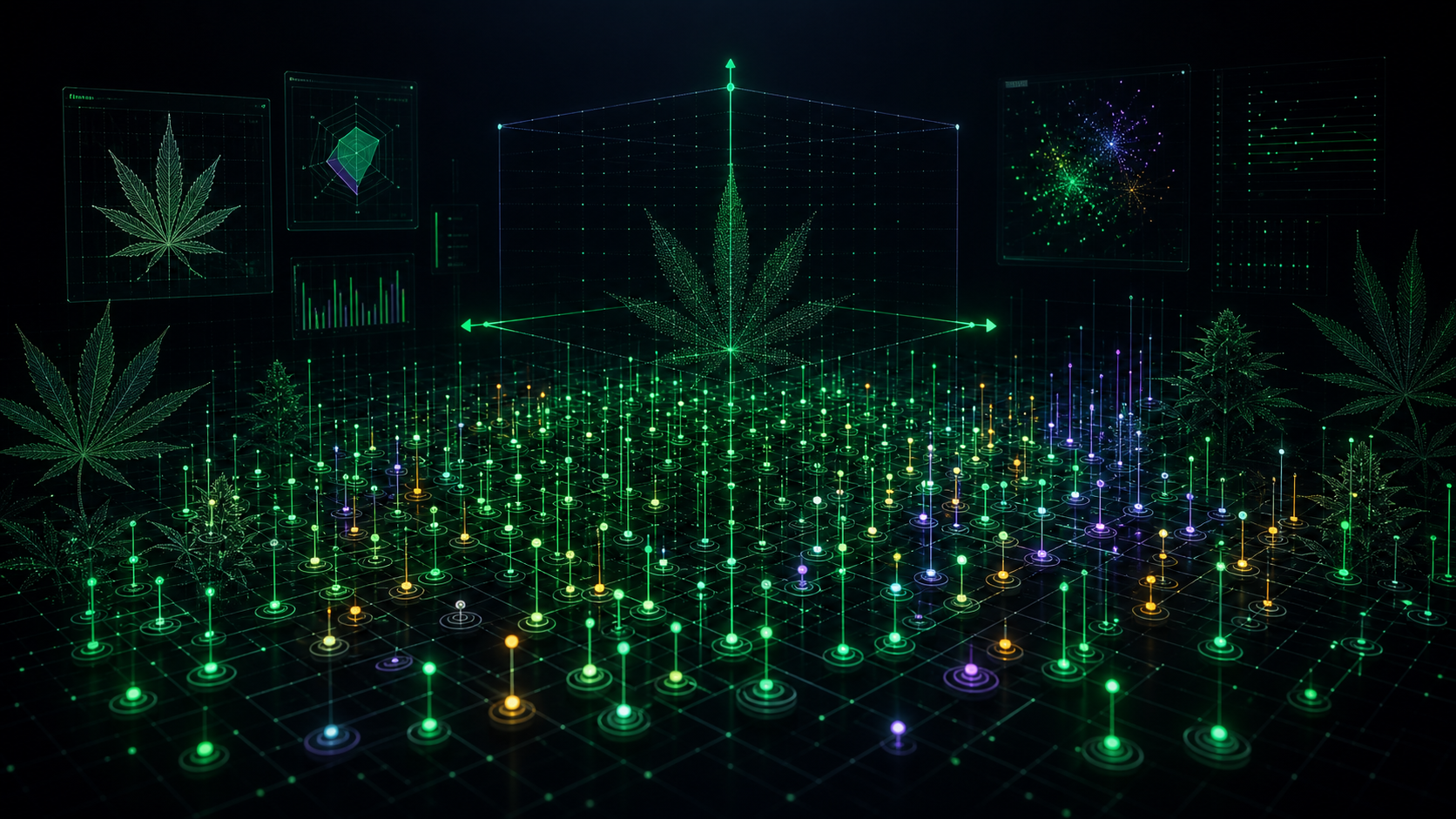 A visualisation of Alfy's strain knowledge base — thousands of strains plotted across 33 effect and chemical dimensions