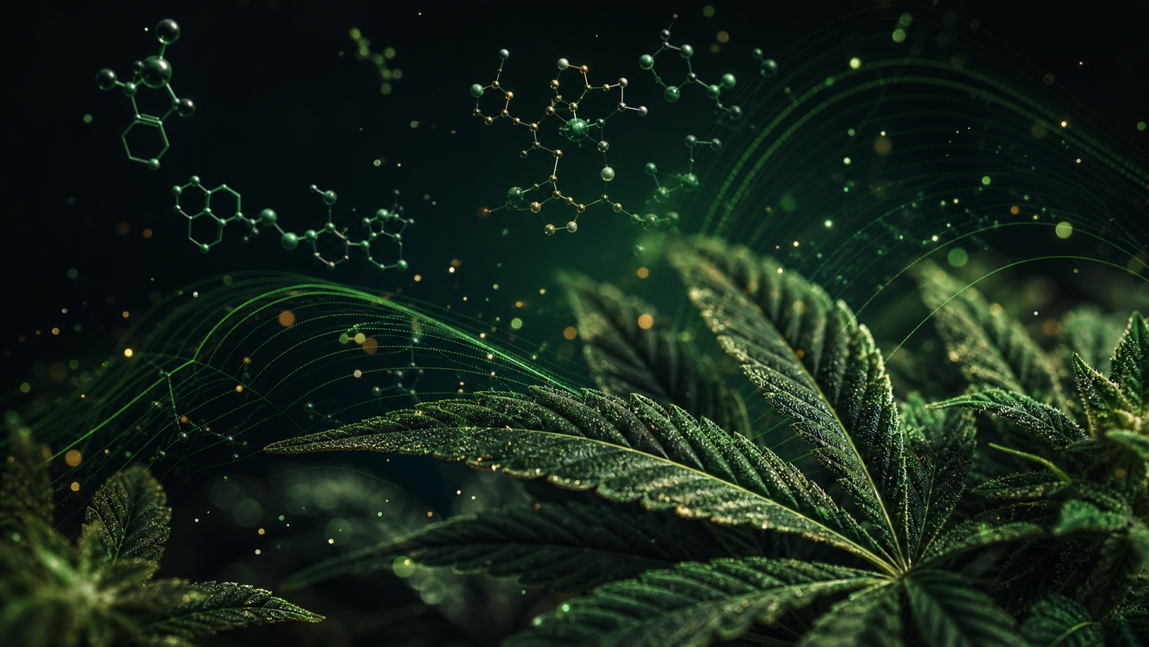 Cannabis leaf with floating molecular structures representing terpene and cannabinoid profiles
